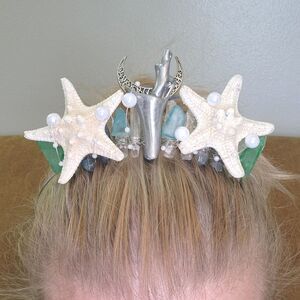 Mermaid Crown Blue/Gray Crystal Quarts, Starfish, Pearls, and Silver Moon!